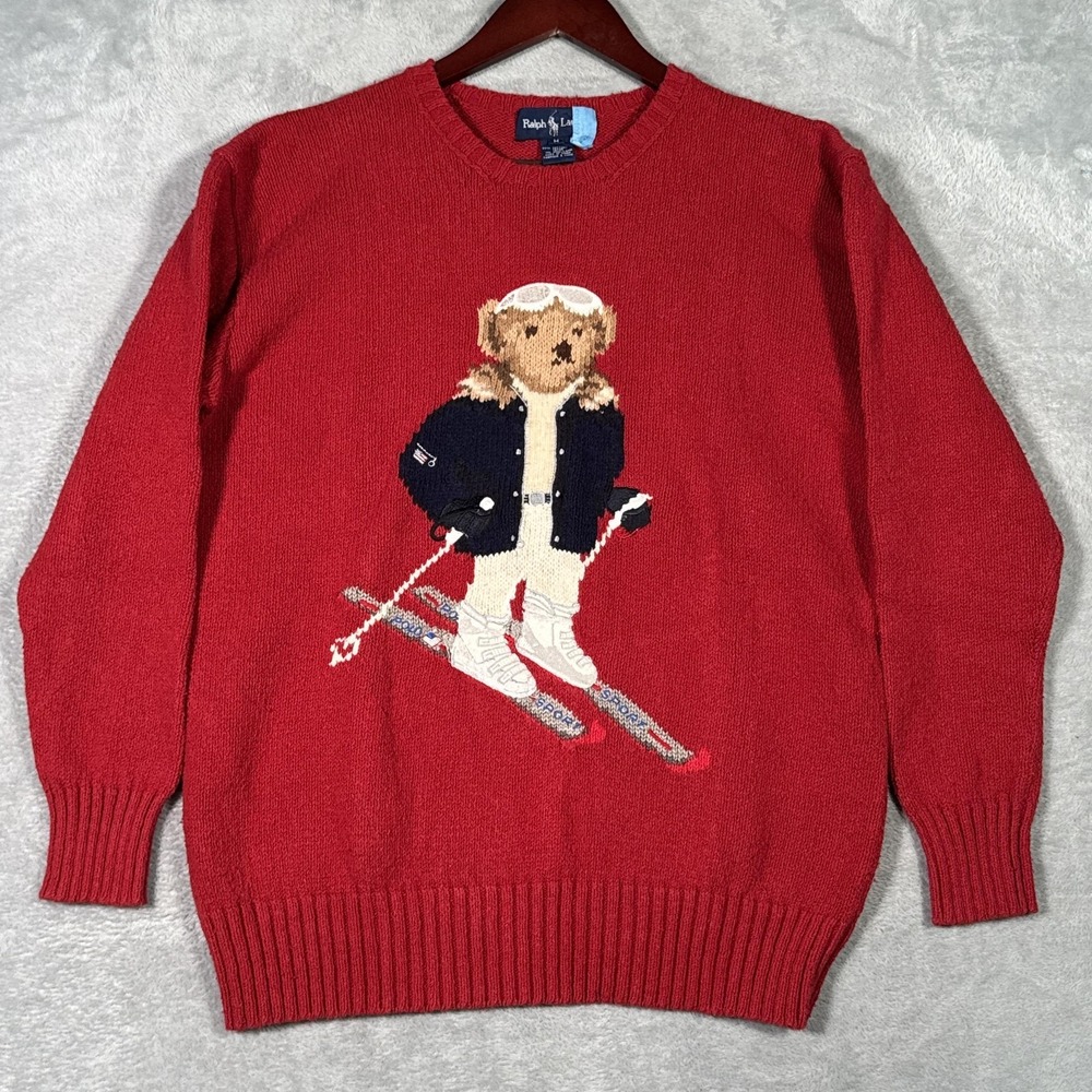 Vintage Ralph Lauren Sweater Mens M Red Wool Ski Bear Pullover Knit